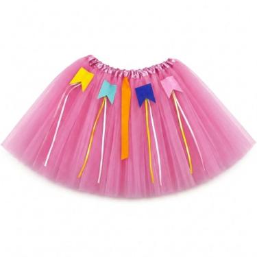Imagem de Saia Junina Infantil de Tule com Bandeirinhas e Fitas 30CM Rosa Claro Extra Festas