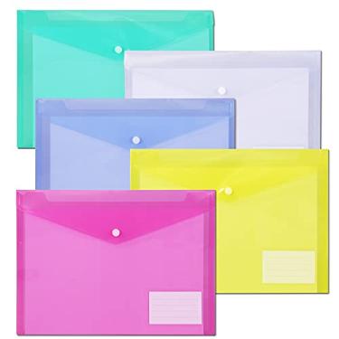 Imagem de Envelopes de plástico MILOLO Pastas de documentos, pacote com 10 envelopes de arquivo transparentes de tamanho A4 com bolso para etiqueta, fecho de pressão, envelopes transparentes para escola/casa/trabalho/escritório, Assorted Colors