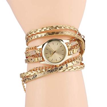Imagem de Relógio de pulso feminino, relógio com pingente trançado vintage, relógio de pulso analógico redondo de quartzo com pulseira trançada de tecido pulseira (ouro)