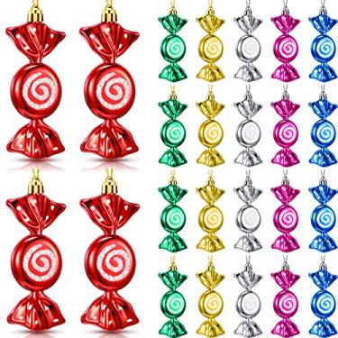 Imagem de 24 peças de enfeites de bengala doce, enfeite de Natal de hortelã-pimenta para doces, decoração de árvore de Natal com cordas douradas para decoração de festa de casa (vermelho e branco, estilo circular)