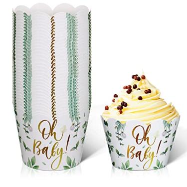 Imagem de 36 peças de embrulhos de cupcake para chá de bebê vegetação selva embalagens de cupcake eucalipto verde decorações de chá de bebê suportes de cupcake para revelação de gênero festa de casamento