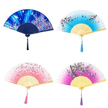 Imagem de AUEAR, 4 peças ventiladores dobráveis ventiladores portáteis de bambu ventiladores de tecido de seda ventilador de mão dobrável ventilador de tecido portátil