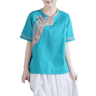 Imagem de Yajun Cheongsam camisa feminina chinês vintage bordado manga curta verão algodão solto macio confortável top blusas casuais, azul, G (56 kg)