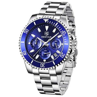 Imagem de BY BENYAR Relógios masculinos analógicos, à prova d'água, prata, quartzo, cronógrafo, data, aço inoxidável, casual, luxuoso, presentes para homens, exclusivo, Azul - A, Relógio de quartzo, cronógrafo