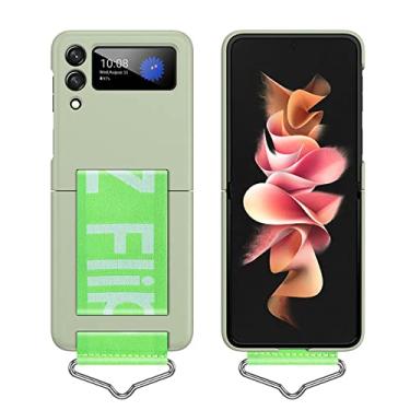 Imagem de Estojo de telefone com alça de mão fashion para Samsung Galaxy Z Flip 4 ZFlip 3 5G Ultra fino plástico rígido capa de pulseira anel, K2, verde claro, para SAM Z Flip3