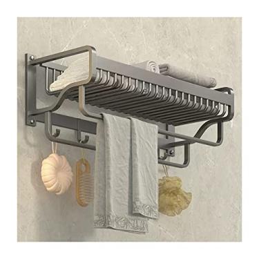 Imagem de KIZQYN Prateleira de banheiro prateleira de parede de banheiro toalheiro com barra de toalha dupla e ganchos fixos suporte de toalha prateleira de banheiro prateleira de toalha de parede, prateleiras de parede de banheiro cinza fosco (tamanho: L57cm)