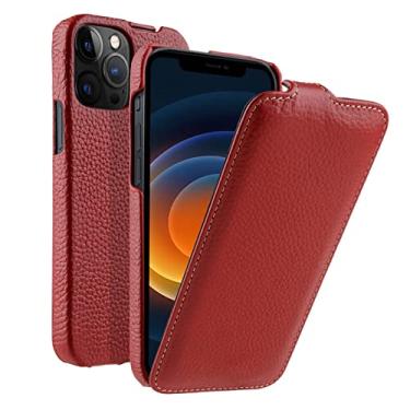 Imagem de DENSUL Capa de couro genuíno para iPhone 14/14 Pro/14 Plus/14 Pro Max, capa flip ultrafina, camada superior de couro bovino à prova de choque para cima e para baixo, vermelha, 14 pro max 6,7 polegadas
