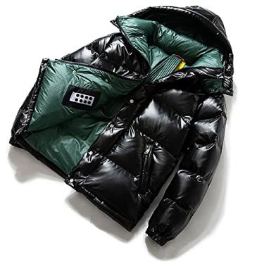 Imagem de Casaco masculino brilhante espesso de inverno jaquetas parka curtas bufantes casaco casual acolchoado jaquetas outwear com capuz, preto verde, G
