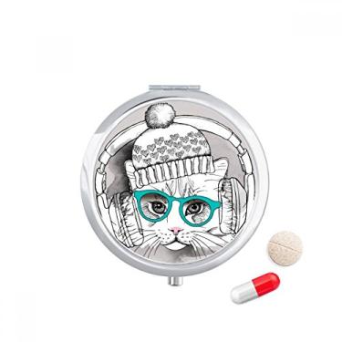 Imagem de Fone de ouvido chapéu de lã branco protetor de gato estojo de comprimidos de bolso caixa de armazenamento de medicamentos dispensador de recipiente