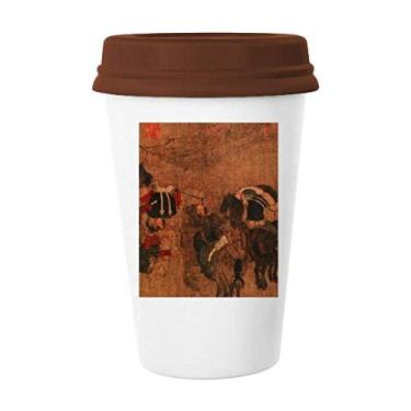 Imagem de Caneca de cerâmica Tea Horse Road com pintura chinesa de seda, caneca de café com vidro bebendo cerâmica
