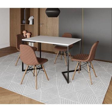 Imagem de Mesa Jantar Industrial com 4 Cadeiras Estofadas Caramelo Madeira Tampo Branco 120x75 Base V Aço Pret