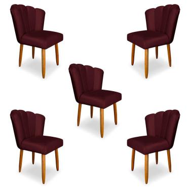 Imagem de Kit 5 Cadeiras de Jantar Pétala Estofada Pés Palito Veludo Bordô - Montanaris Decor
