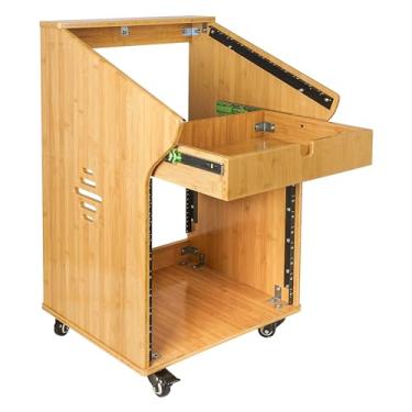 Imagem de Sound Town Rack de estúdio de bambu carbonizado sólido DIY com misturador inclinado 11U, frente 10U, gaveta 2U, pés de borracha, rodízios, para sala de gravação, equipamento PA/DJ, áudio doméstico (STBR-M11X10)