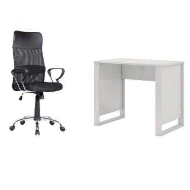 Imagem de Conjunto de Mesa Morada Branca com Cadeira de Escritório Diretor Giratória Vancouver II com Braços Preta