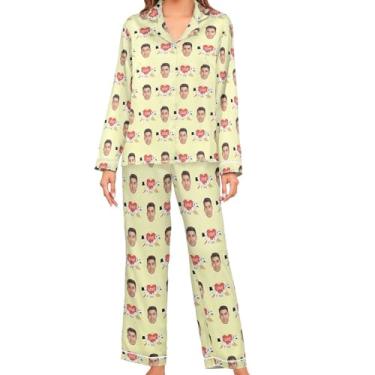 Imagem de JUNZAN Conjuntos de pijama feminino de cetim amarelo personalizado manga comprida pijama feminino de botão personalizado, Bege, M