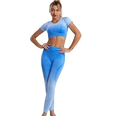 Imagem de GYDD Roupas de ioga terno gradiente sem costura justo colete esportivo malha manga longa fitness roupas femininas conjunto de 2 peças gradiente azul-PP
