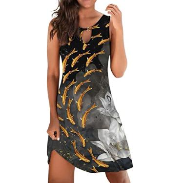 Imagem de Elogoog Vestidos de verão para mulheres 2024 moderno franzido havaiano vestido maxi elegante sem mangas cintura elástica floral vestido de trabalho, F - preto, P
