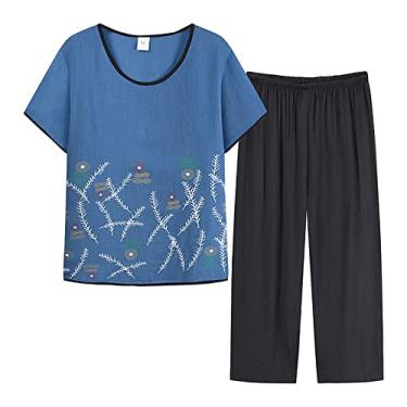 Imagem de Conjunto feminino loungewear feminino novo floral de bolinhas estampado médio e idoso algodão seda camiseta manga curta, Azul, GG