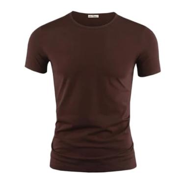 Imagem de Camiseta masculina cor pura gola V e O manga curta camisetas masculinas fitness para roupas masculinas 1, Gola redonda Dark Coffee, XG