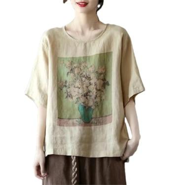 Imagem de Camiseta feminina étnica bordada urbana roupas casuais, Flores de damasco, GG