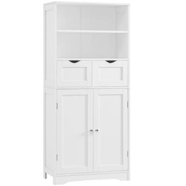 Imagem de Iwell Armário de banheiro alto, armário de armazenamento com 2 gavetas e prateleiras ajustáveis, armário de chão de banheiro para sala de estar, quarto, entrada, branco