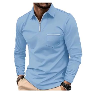 Imagem de Camisa polo masculina cor sólida bolso frontal zíper pulôver gola larga manga longa, Azul claro, XXG