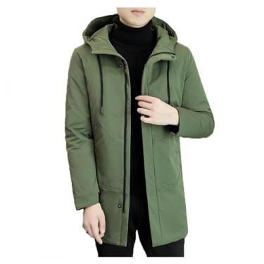 Imagem de Jaqueta masculina acolchoada de comprimento médio, cor sólida, casaco casual com zíper e cordão, Verde, M