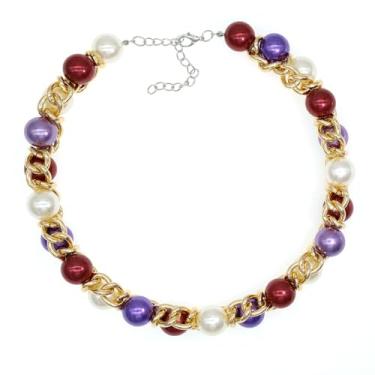 Imagem de Colar gargantilha de pérolas coloridas grandes para mulheres, corrente de elos banhados a ouro, babador grosso, colar de pérola artesanal, bijuteria de fantasia, X-Large, Pérola, Pérola sintética