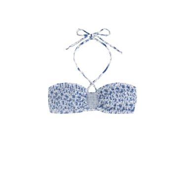 Imagem de Milumia Top de biquíni feminino com recorte floral, laço e nó cruzado, top tubinho, Azul e branco, GG