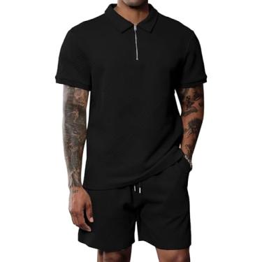 Imagem de Uni Clau Conjunto masculino de camisa polo e shorts, moda verão, casual, manga curta, conjunto de 2 peças, Preto, 3G
