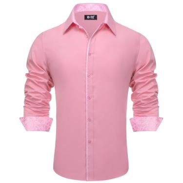Imagem de Hi-Tie Camisas sociais masculinas de seda jacquard manga longa casual abotoada formal casamento camisa de festa de negócios, Patchwork rosa, 3G