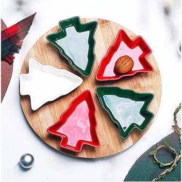 Imagem de Conjunto de pratos de árvore de Natal coloridos rotativos, 27 cm, 5 peças, prato de lanche de cerâmica com bandeja de bambu, aperitivo redondo de porcelana removível, sobremesa, frutas, salada, pires,