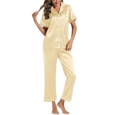 Imagem de Umenlele Pijama feminino de cetim de manga curta e calça comprida conjunto de pijama de duas peças com botões, Bege, M