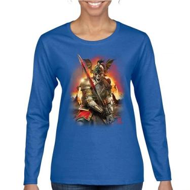 Imagem de Camiseta feminina de manga comprida Apocalypse Reaper Fantasy Skeleton Knight with a Sword Medieval Legendary Creature Dragon Wizard, Azul, G