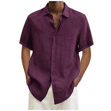 Imagem de KTUCPRY 2024 Camiseta masculina retrô verão casual algodão linho camisa manga curta Tropical Holiday Beach Shirts, A08 rosa (hot pink), GG