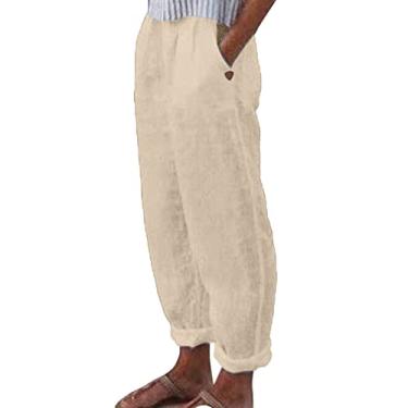 Imagem de Lainuyoah Calça feminina casual listrada de algodão linho cintura elástica cropped calça capri casual ajuste relaxado, F-bege, M
