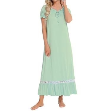 Imagem de Vestidas de Noite para Mulheres Pescoço Redondo Camisas de Noite Confortável Manga Curta Senhoras Sleepwear Gown para Mãe,Green,S