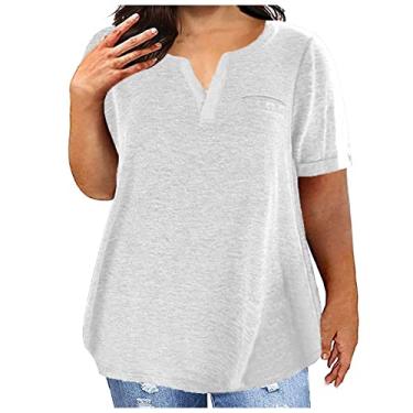 Imagem de Lainuyoah Camisetas femininas folgadas gola V sólida básica pulôver manga curta oversize verão 2024 roupas da moda, E branco, 4G