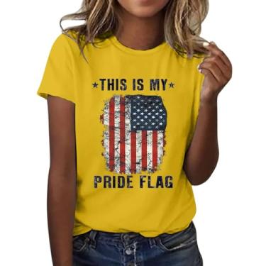Imagem de Camisetas femininas 4th of July com estampa de letras da bandeira americana manga curta patriótica camisetas listras estrelas dos EUA, #16 - Amarelo, P
