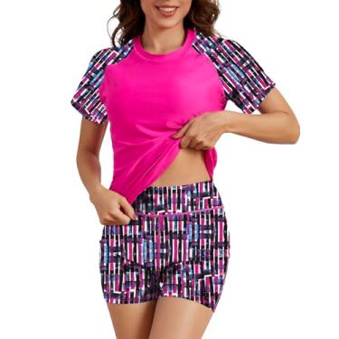 Imagem de Bonneuitbebe Camisa de natação feminina de duas peças Rash Guard manga curta FPS 50+ sutiã embutido com calcinha boyshort, Xadrez roxo rosa, G