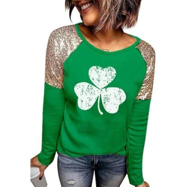 Imagem de Camiseta feminina do Dia de São Patrício com estampa de trevo verde trevo folha glitter camiseta irlandesa raglan, Trevo verde branco-j, M