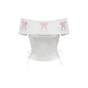Imagem de SHENHE Camiseta feminina de manga curta com ombro de fora bordada com laço e laço, Branco, M