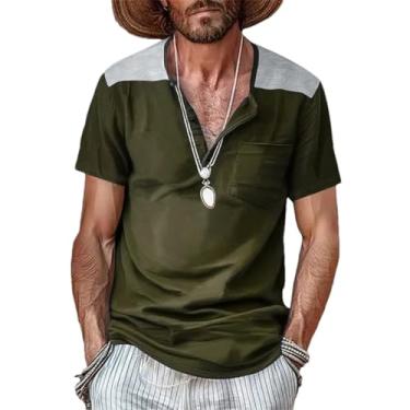 Imagem de Camiseta masculina clássica patchwork gola Henley manga curta botão solto pulôver verão casual camisas, 03 Army En8, GG