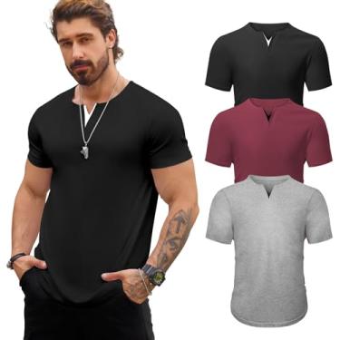 Imagem de Mancozy Pacote com 3 camisetas masculinas moda casual gola V longline, Preto/cinza claro/vermelho escuro (pacote com 3), XXG