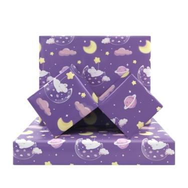 Imagem de White Baby Rabbit in Sweet Dreams On Crescent Moon With Pink Planet Clounds Yellow Little Twinkle Star Around Purple Wrapping Paper - (71.1 cmx50.8 cm por folha, 4 folhas, 1-Design: 15 pés quadrados