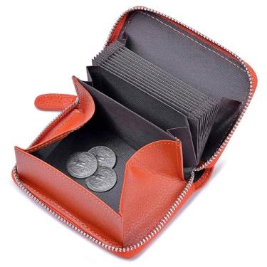 Imagem de Carteira feminina com bloqueio de RFID, bolsa pequena minimalista de couro legítimo com zíper para moedas., Laranja, 5*3.5*1.1, Carteira pequena de couro genuíno com zíper e proteção RFID espaçosa