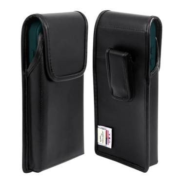 Imagem de Turtleback Coldre de telefone de couro premium para iPhone 16 Pro, 16e, 15 Pro 14 Pro 13 Pro, pequeno – suporte de cinto preto para capas Slim MagSafe – Coldre com clipe de cinto de couro exclusivo