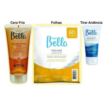 Imagem de Kit Depilação Cera Fria + Folhas + Creme Azuleno Calmante Depil Bella