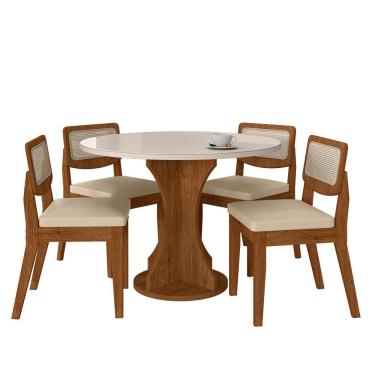 Imagem de Mesa Com 4 Cadeiras Redonda C/vidro Santorini Fre/off/corino Beg - M.a