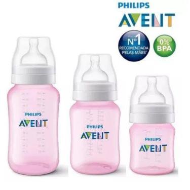 Imagem de Kit Mamadeira C/ 3 125/260/330ML Clássica Rosa Philips AVENT